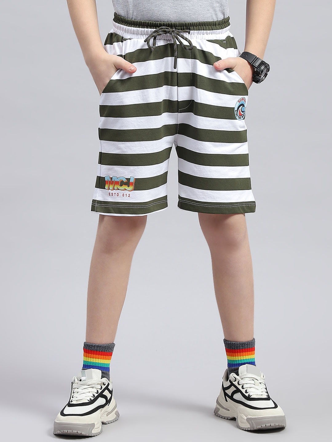 

Monte Carlo Boys Mid-Rise Striped Cotton Shorts, White