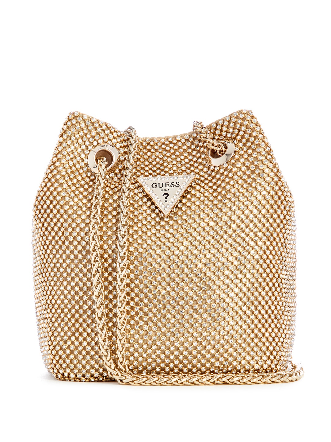 

GUESS Embellished Rhinestone Mesh Mini Sling Bag, Gold
