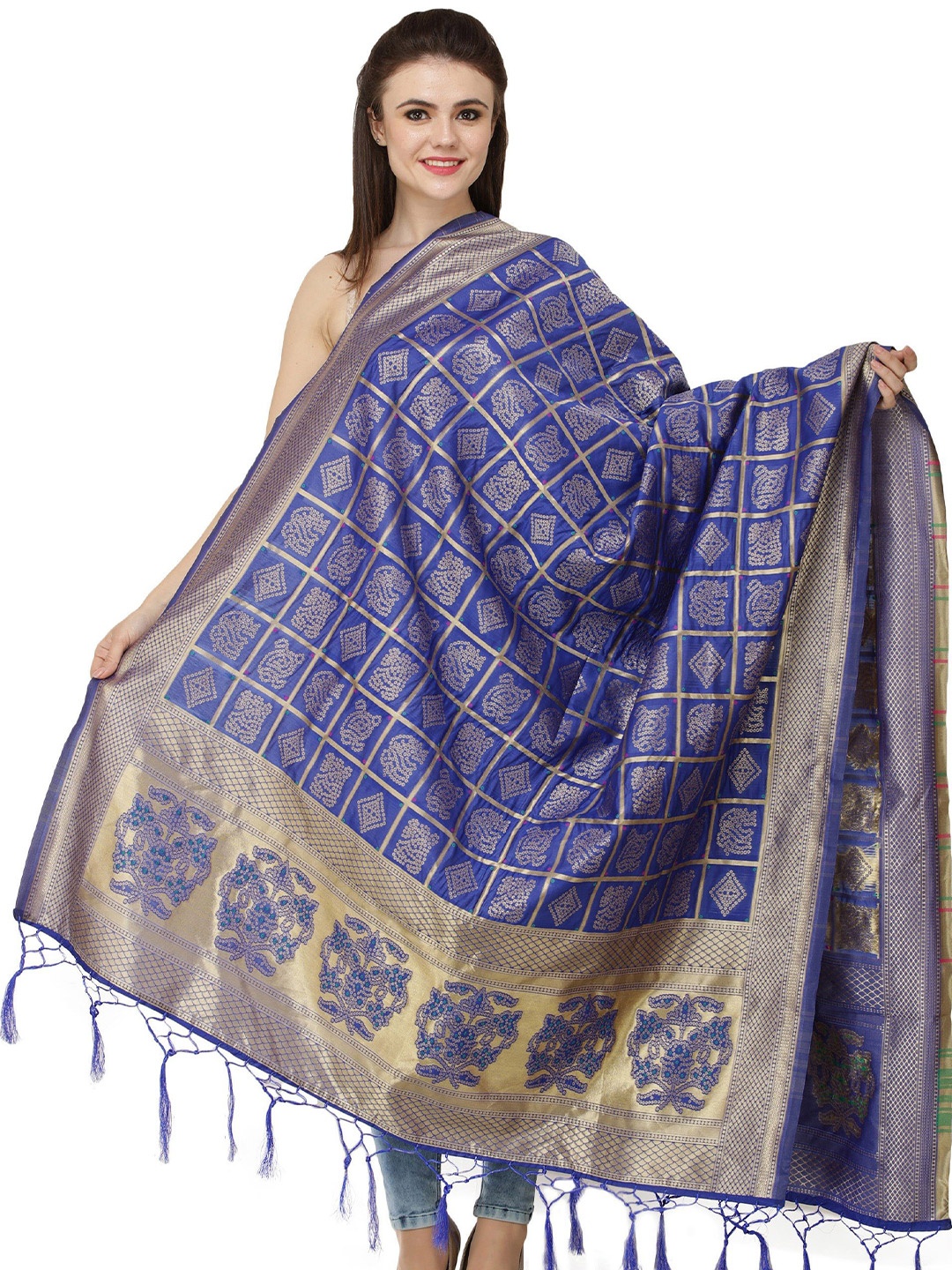 

Exotic India Dazzling Blue Zari Woven Bandhani Gharchola Silk Dupatta with Brocaded Border