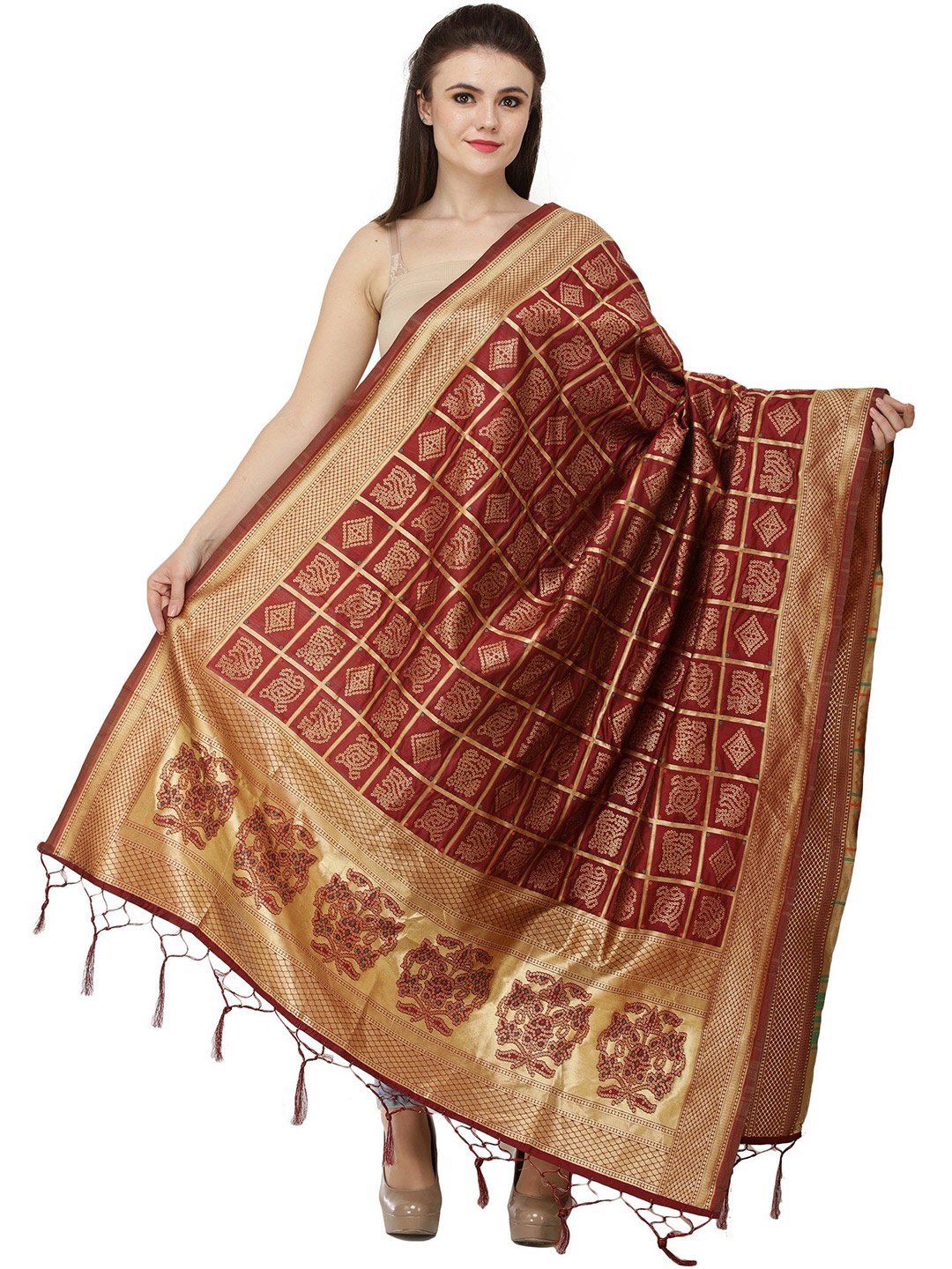 

Exotic India Deep Claret Zari Woven Bandhani Gharchola Silk Dupatta with Brocaded Border, Red