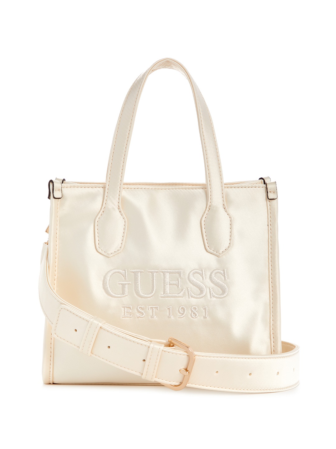 

GUESS Brand Logo Textured Structured Handheld Bag, White