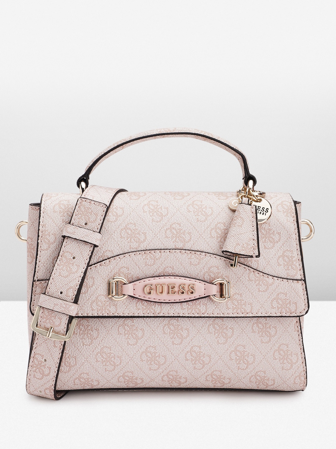 

GUESS Brand Logo Printed Structured Satchel Bag, Nude