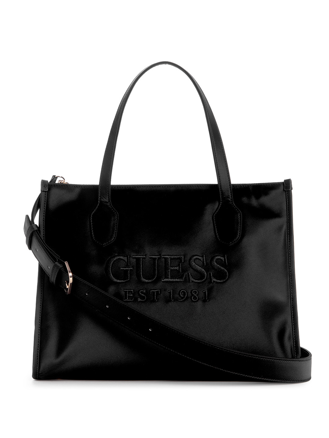 

GUESS Brand Logo Embroidered Structured Handheld Bag, Black