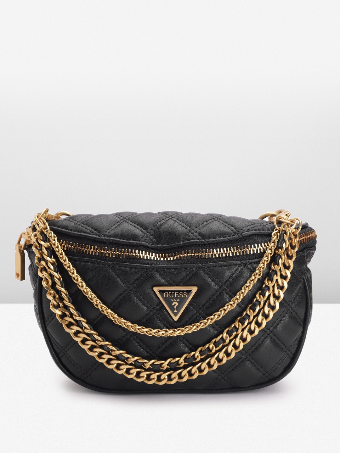 

GUESS Quilted Chain Detail Structured Sling Bag, Black