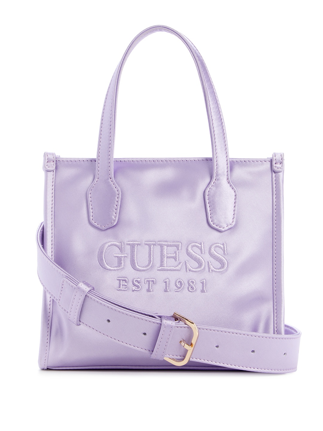 

GUESS Brand Logo Embroidered Satin Mini Crossbody Sling Bag, Lavender