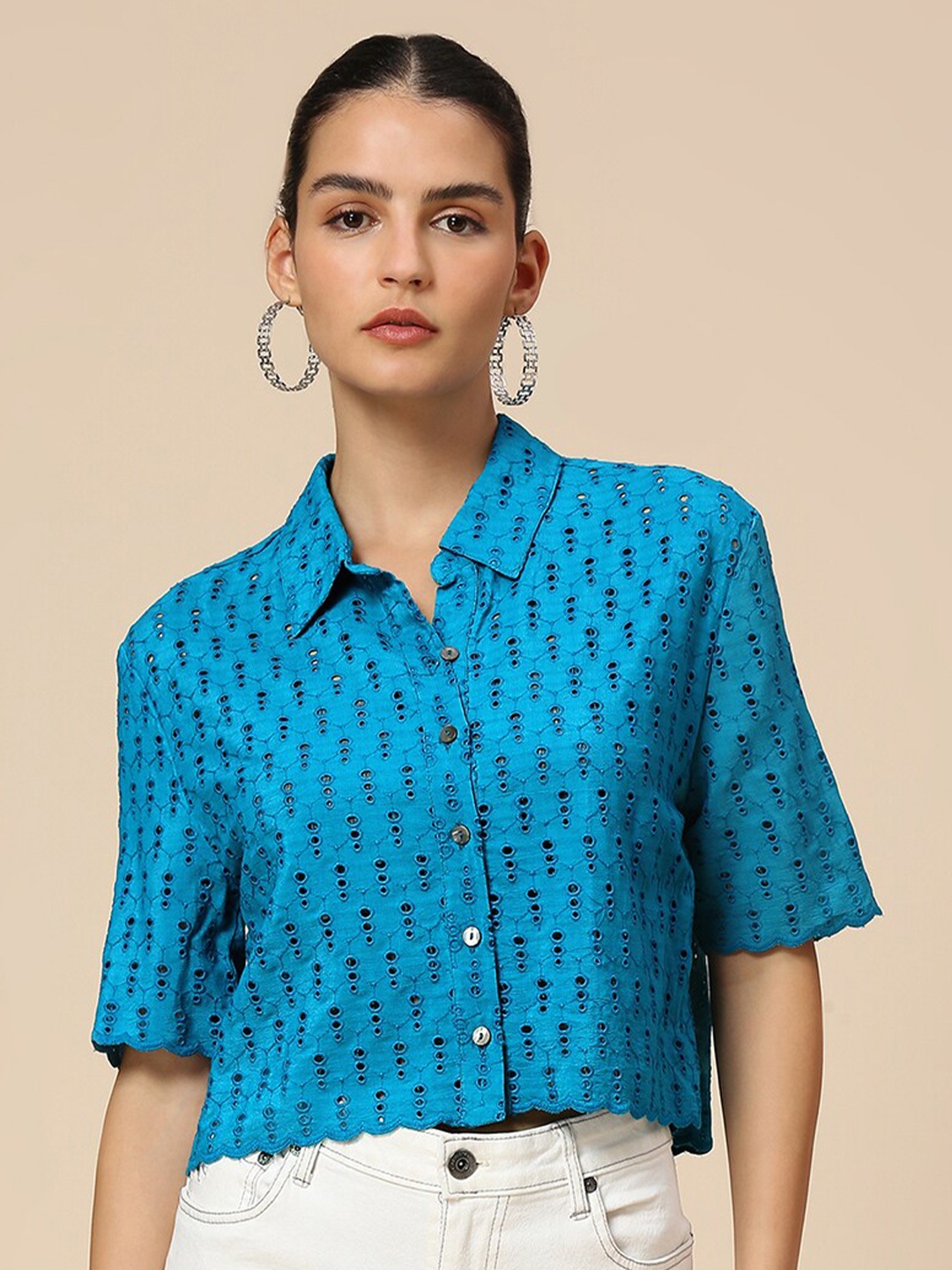 

Chemistry Self Design Schiffli Shirt Style Top, Teal