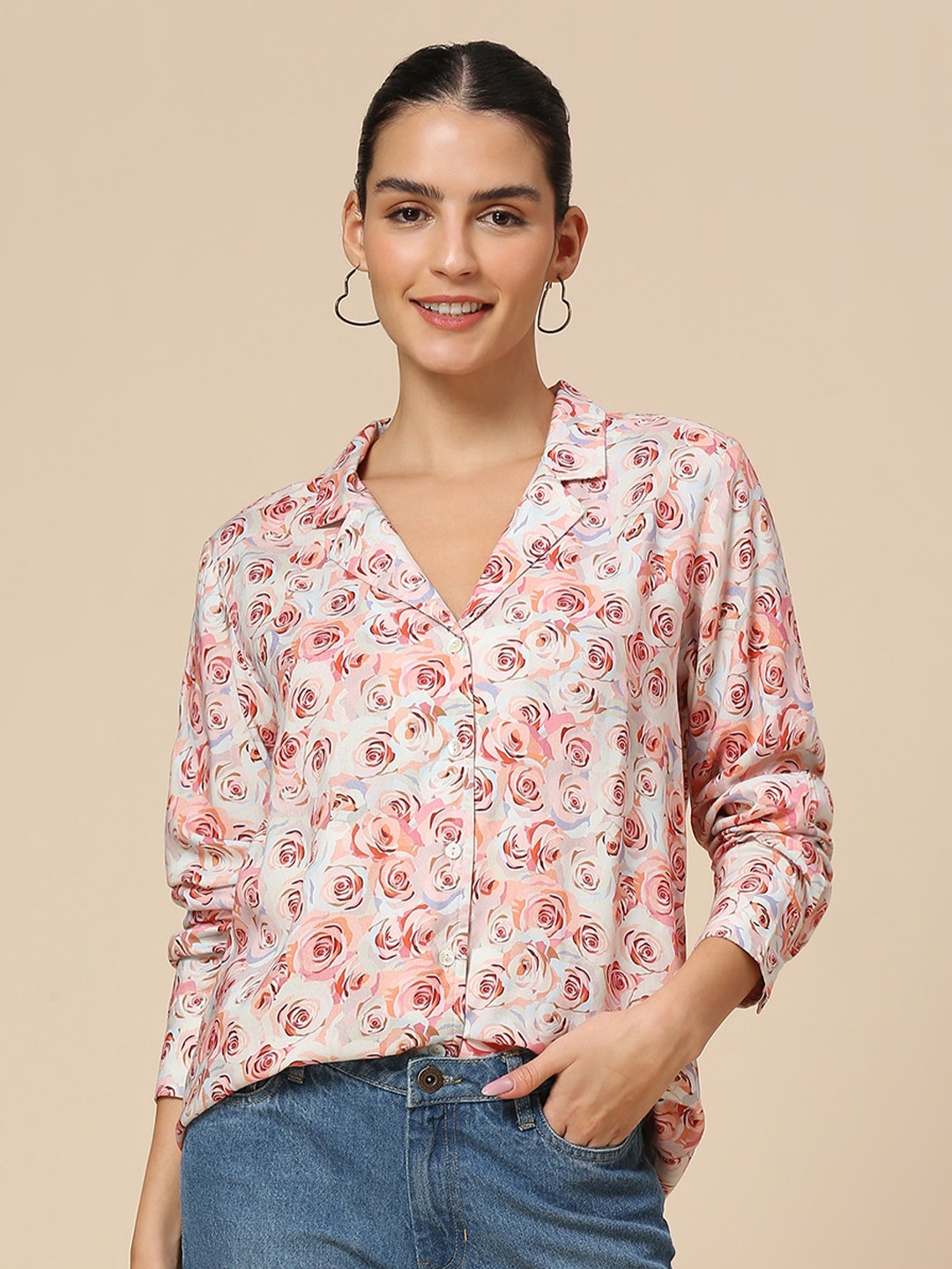 

Chemistry Floral Print Lapel Collar Shirt Style Top, Pink