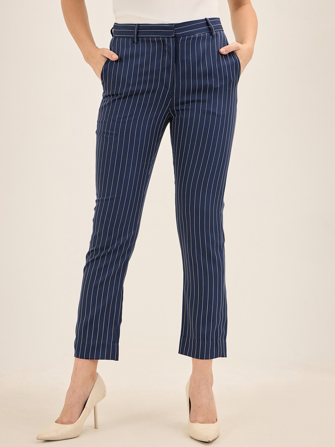 

SALT ATTIRE Women Striped Slim Fit High-Rise Cigarette Trousers, Blue