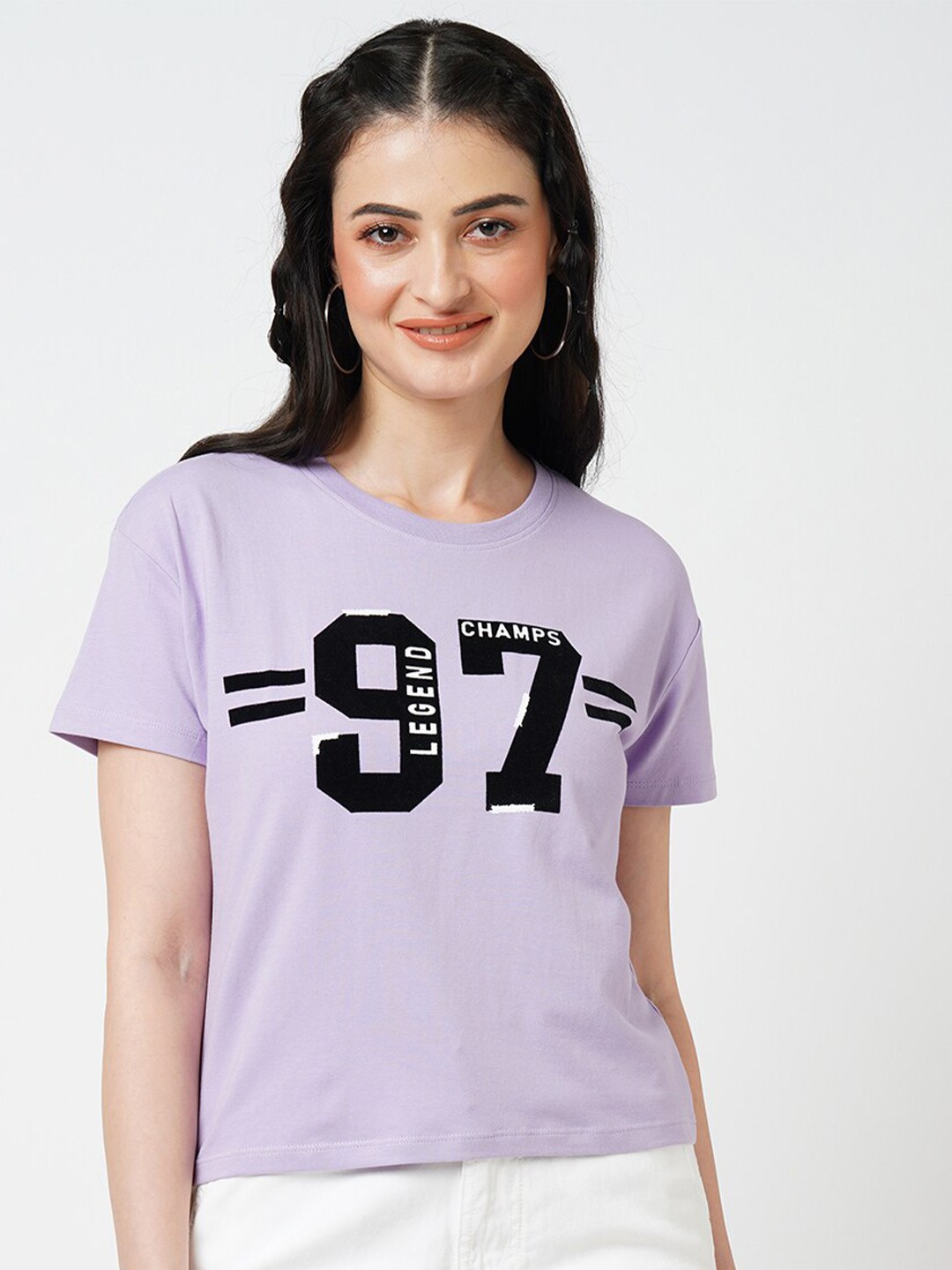 

Kraus Jeans Typography Printed Round Neck Cotton Slim Fit Crop T-shirt, Purple