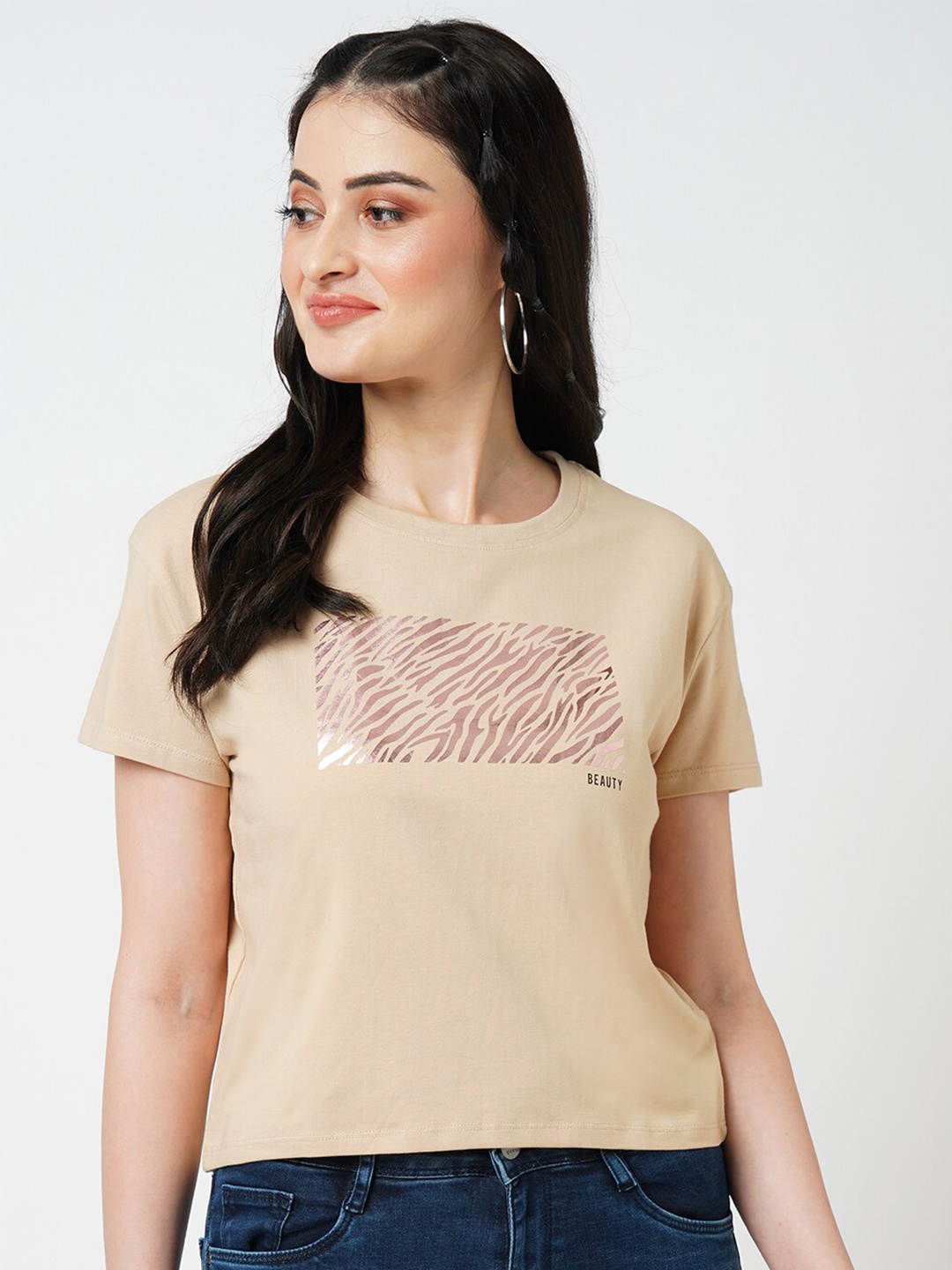 

Kraus Jeans Graphic Printed Slim Fit Pure Cotton T-Shirt, Beige