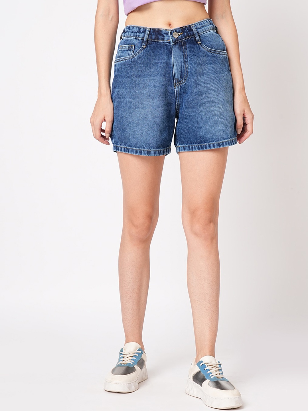 

Kraus Jeans Women Slim Fit High-Rise Pure Cotton Denim Shorts, Blue