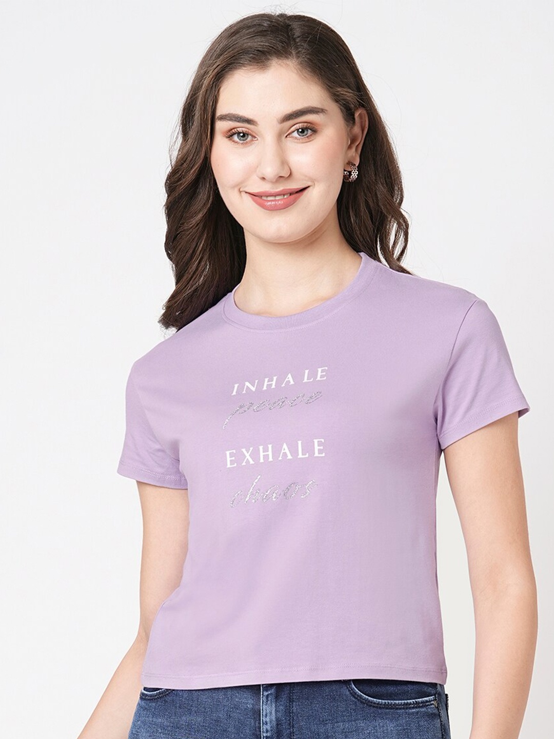 

Kraus Jeans Typography Printed Round Neck Cotton Slim Fit Crop T-shirt, Purple
