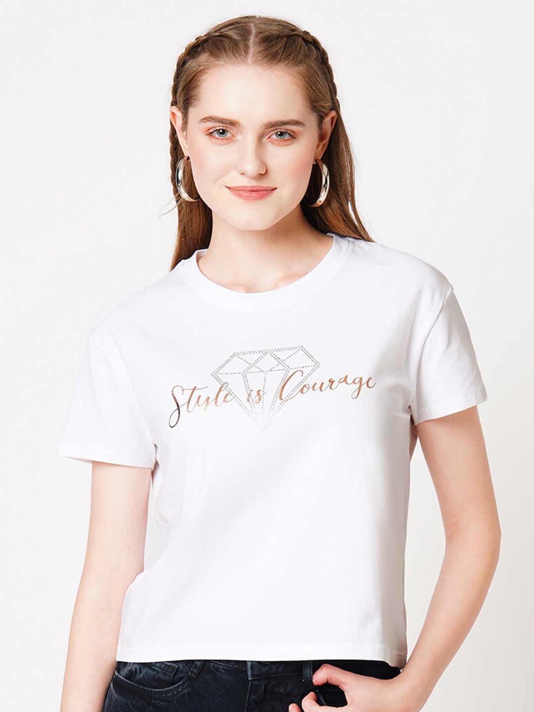 

Kraus Jeans Typography Printed Round Neck Cotton Slim Fit Crop T-shirt, White