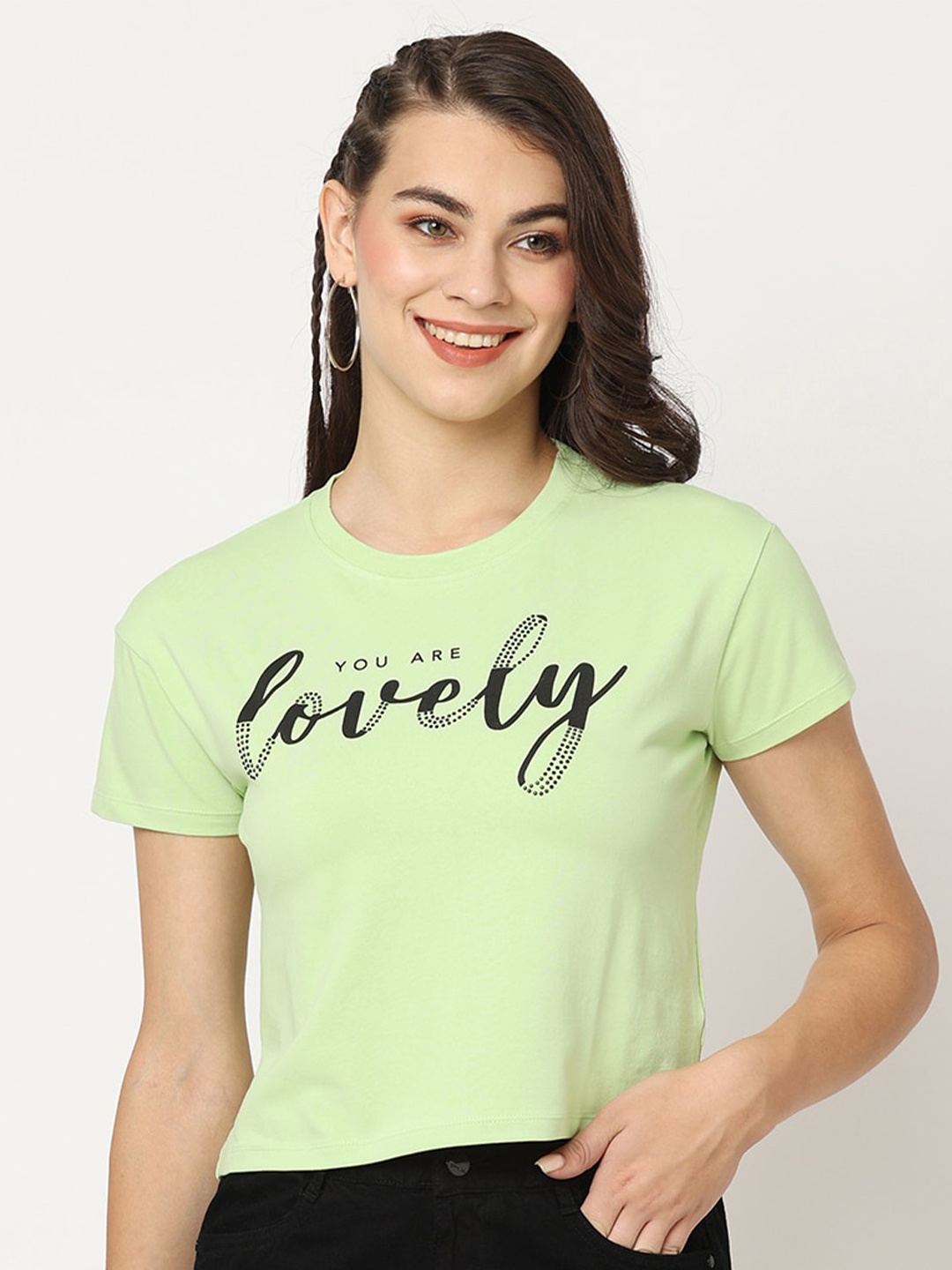 

Kraus Jeans Typography Printed Round Neck Cotton Slim Fit Crop T-shirt, Green