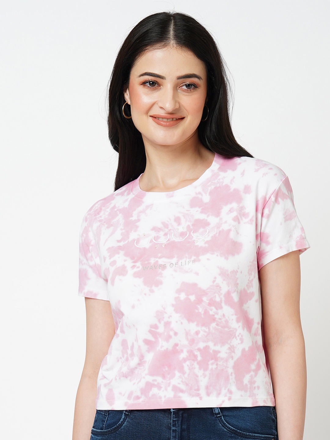 

Kraus Jeans Abstract Printed Round Neck Cotton Slim Fit Crop T-shirt, Pink