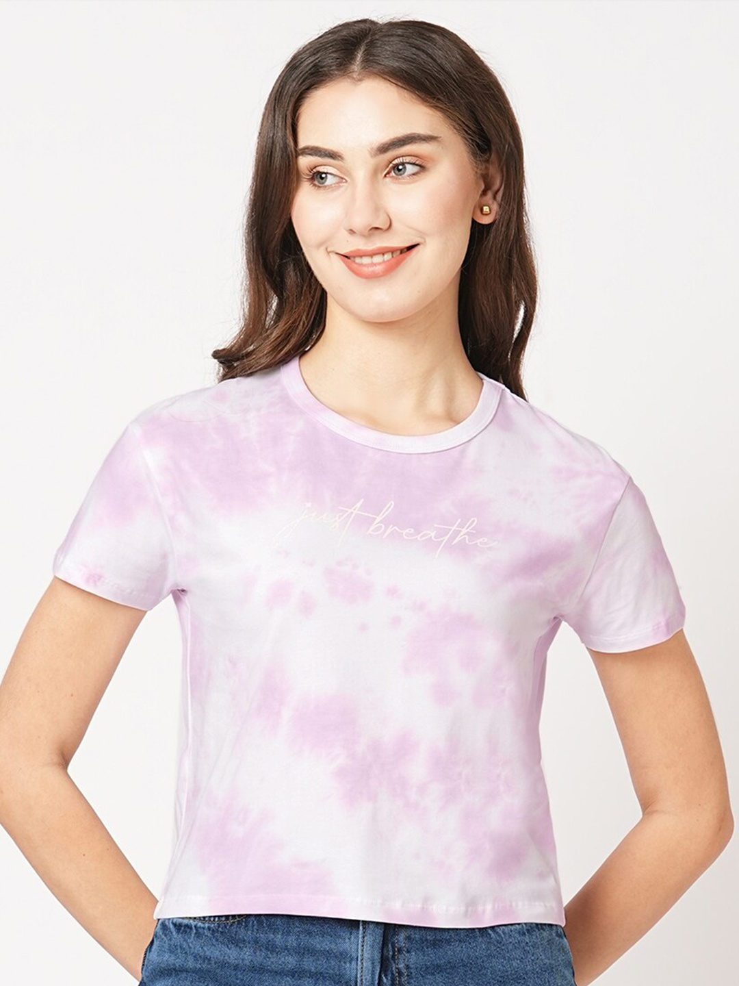 

Kraus Jeans Abstract Printed Round Neck Cotton Slim Fit Crop T-shirt, Purple