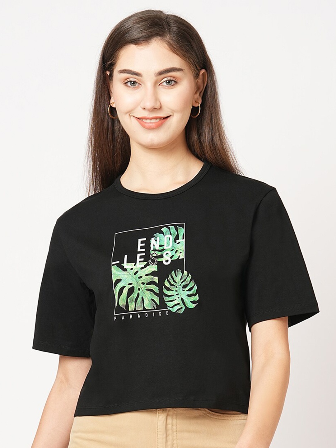 

Kraus Jeans Tropical Printed Round Neck Cotton Slim Fit Crop T-shirt, Black