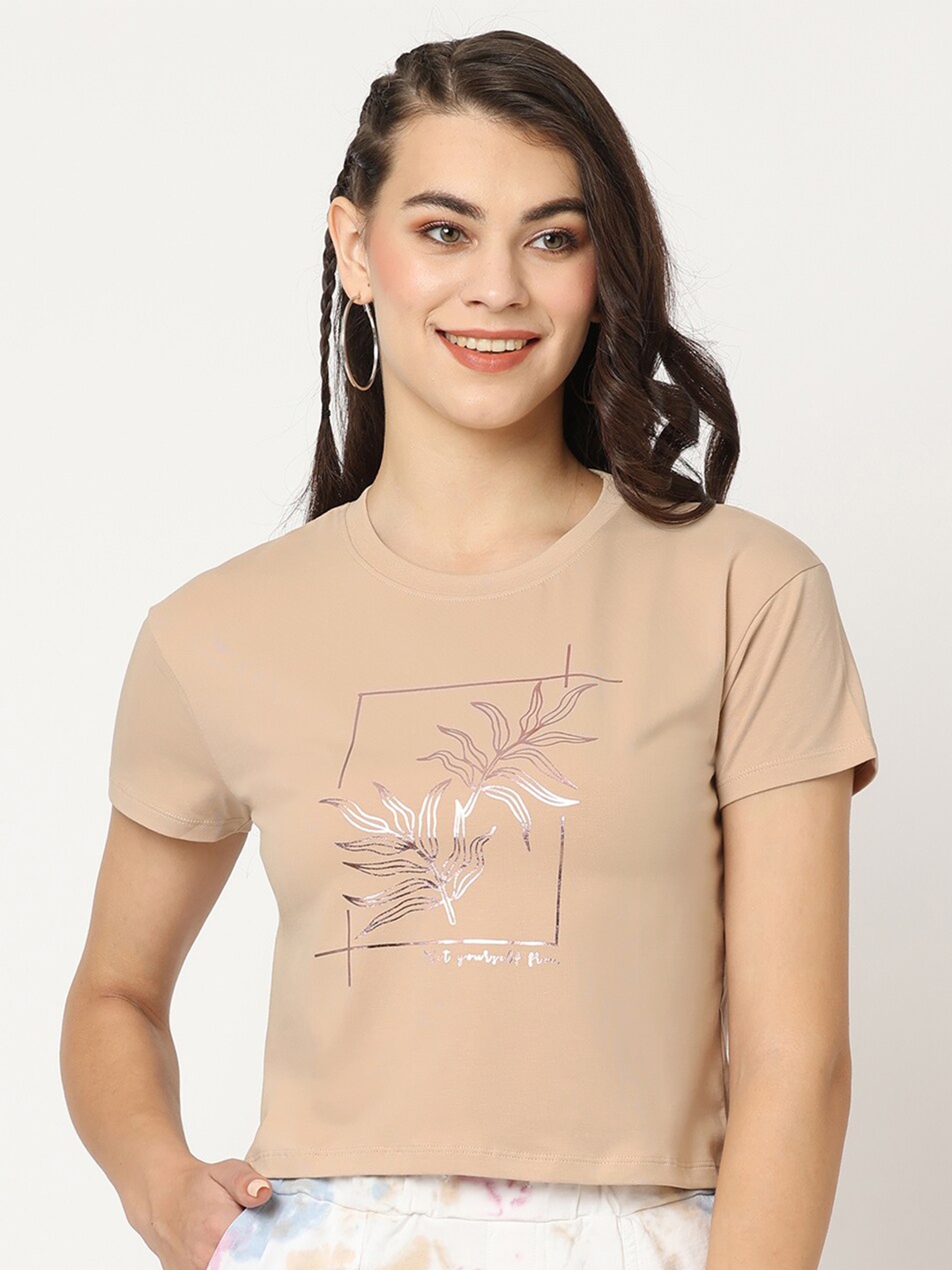 Kraus Jeans Floral Printed Slim Fit Pure Cotton T-Shirt, Beige