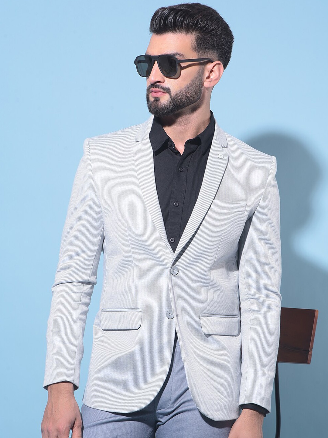 

Crimsoune Club Slim Fit Striped Notched Lapel Collar Single-Breasted Casual Blazer, Grey