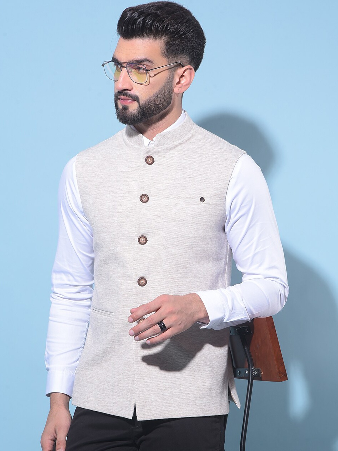 

Crimsoune Club Mandarin Collar Woven Nehru Jacket, Beige