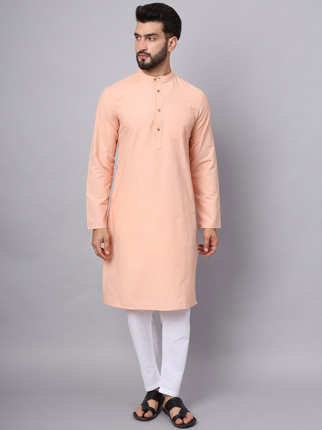 

Latest Chikan Garments Mandarin Collar Jacquard Weave Pure Cotton Straight Kurta, Peach