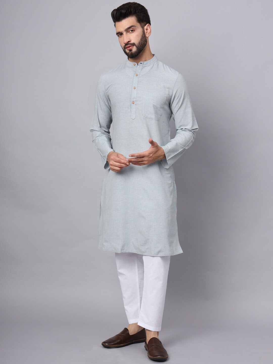 

Latest Chikan Garments Mandarin Collar Long Sleeves Cotton Kurta, Grey