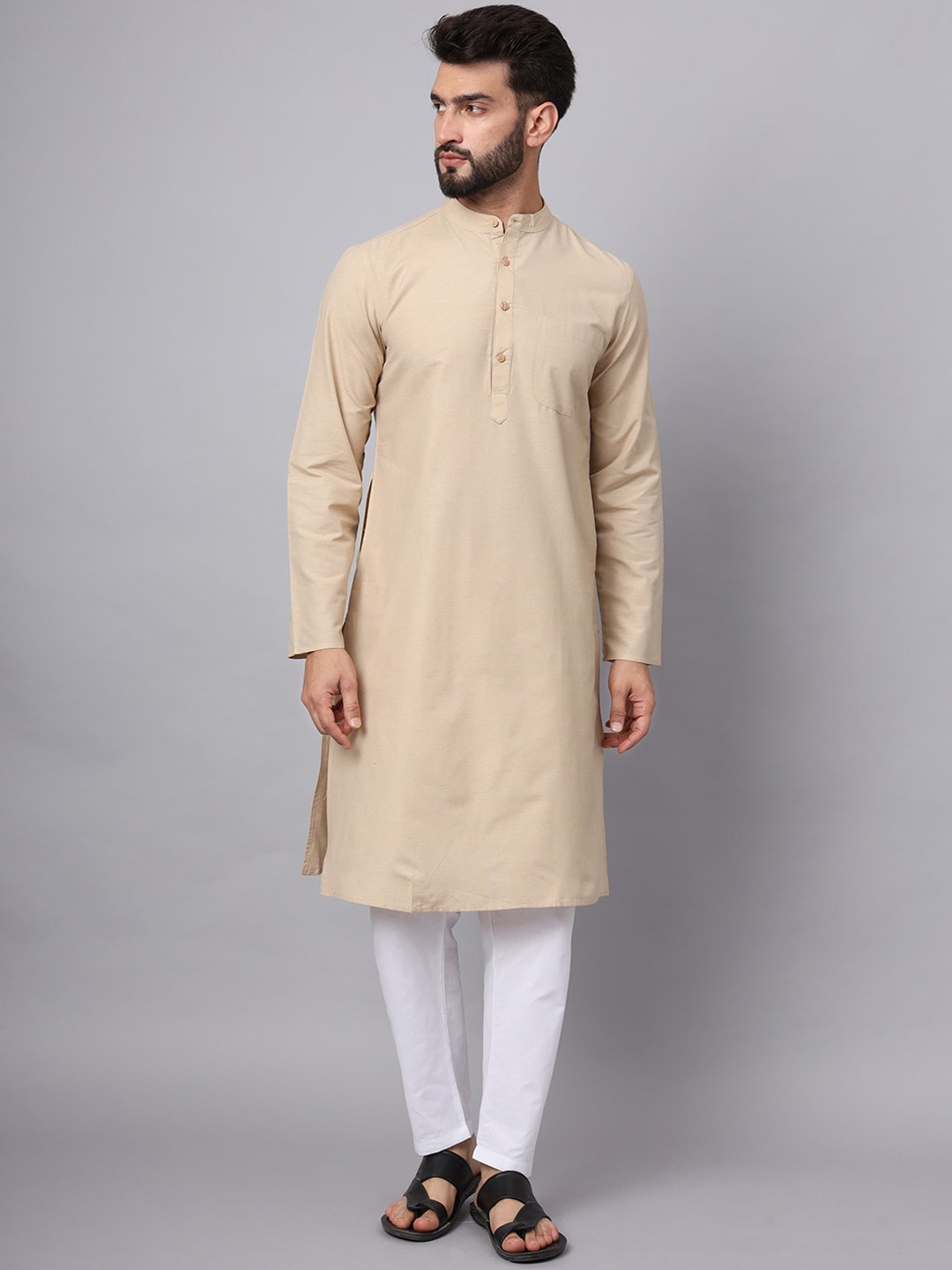 

Latest Chikan Garments Mandarin Collar Long Sleeves Cotton Kurta, Beige