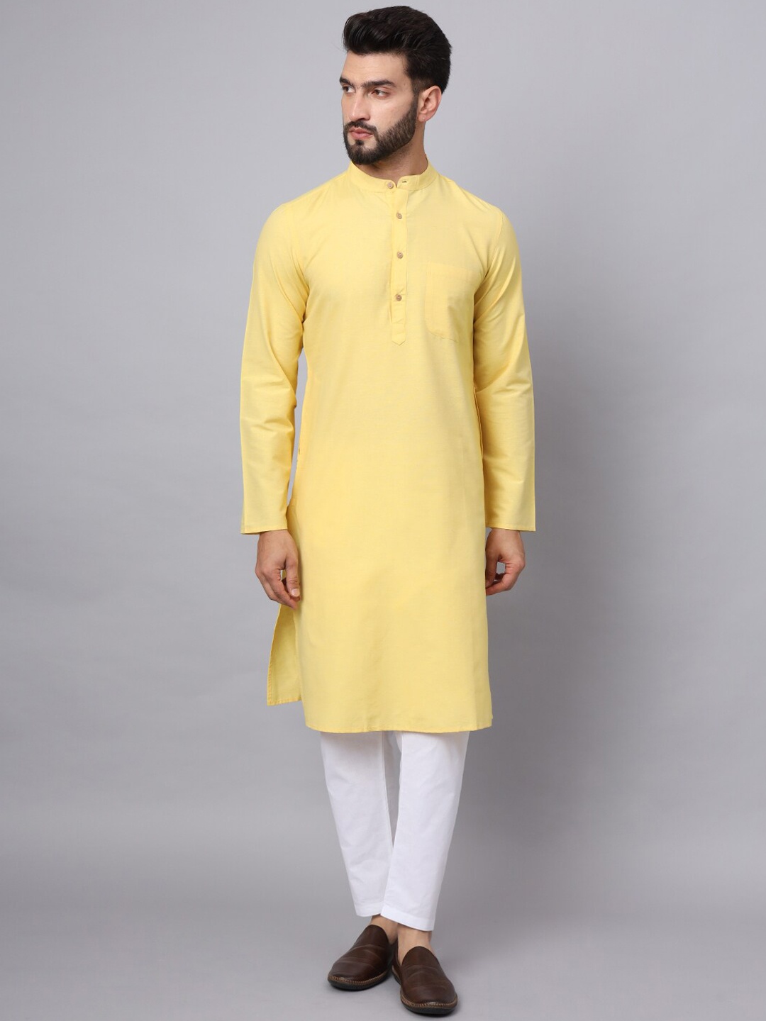 

Latest Chikan Garments Mandarin Collar Jacquard Weave Pure Cotton Straight Kurta, Yellow