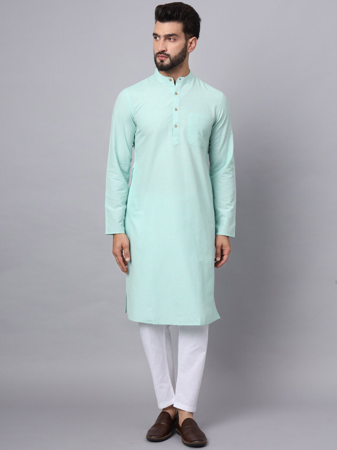 

Latest Chikan Garments Mandarin Collar Long Sleeves Cotton Kurta, Blue