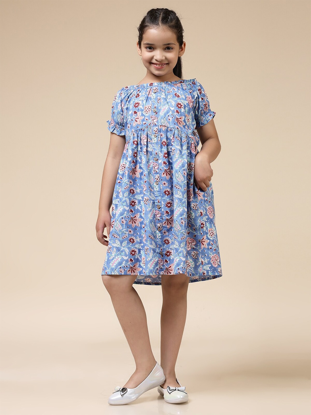 

BAESD Girls Floral Print Round Neck Empire Dress, Blue