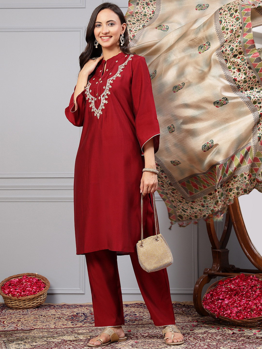 

Nayam By Lakshita Floral Embroidered Regular Pure Silk Kurta With Palazzos & Dupatta, Red