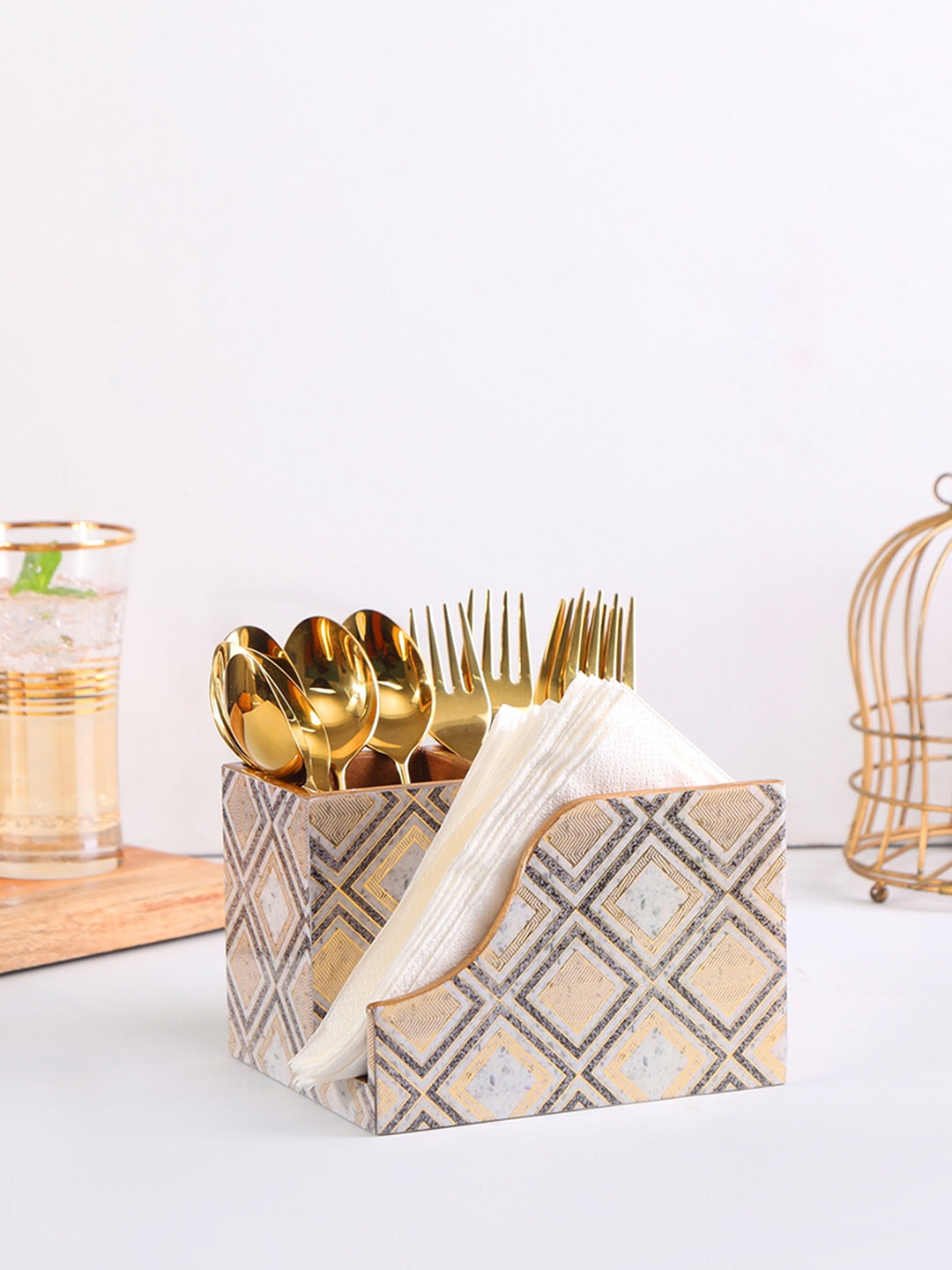 

THE HOME CO. Grey & Beie Textured Wooden Tissue Holder
