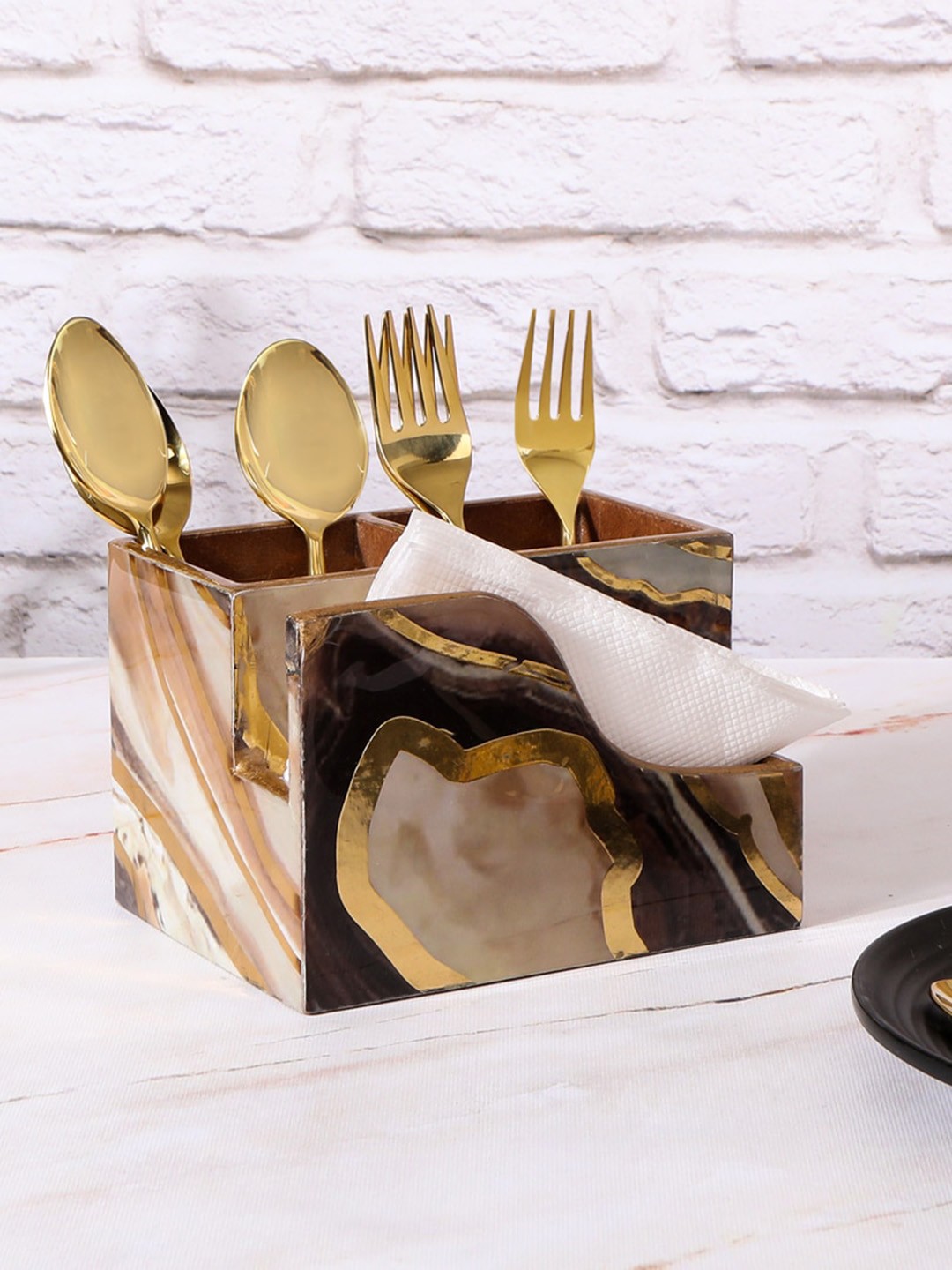 

THE HOME CO. Brown Wooden Cutlery Tissue Holder