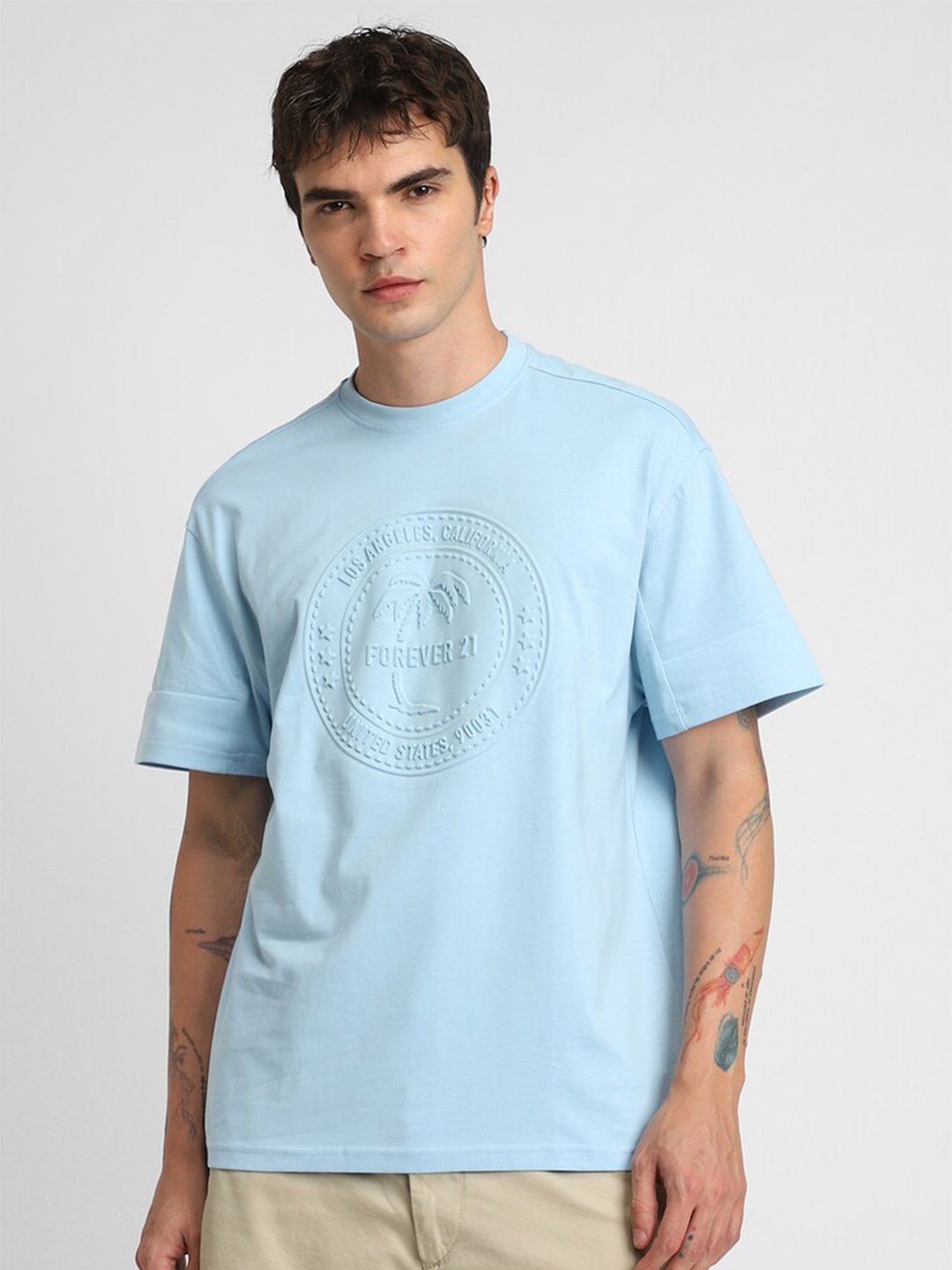

FOREVER 21 Graphic Printed Pure Cotton T-shirt, Blue