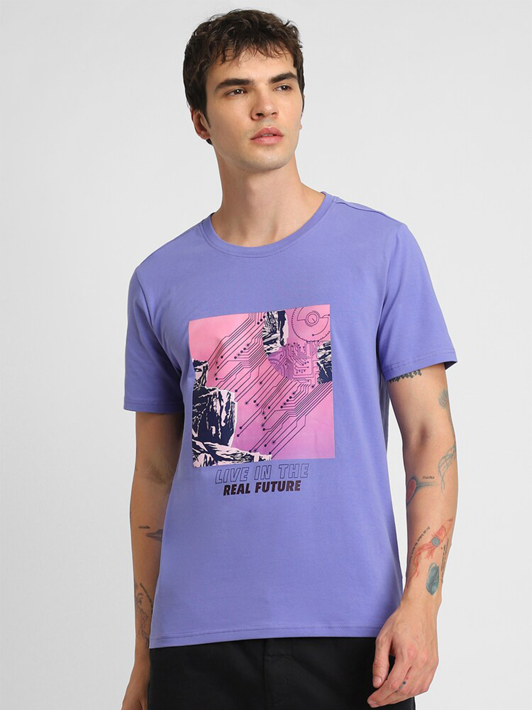 

FOREVER 21 Graphic Printed Short Sleeves Cotton T-shirt, Purple