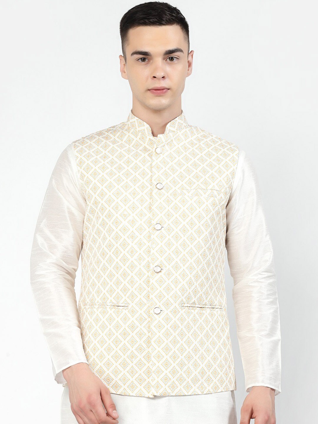 

Badoliya & Sons Printed Mandarin Collar Nehru Jacket, Cream
