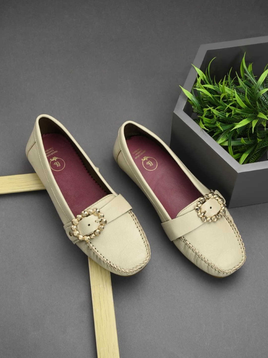 

Egoss Women Embellished Round Toe Lightweight Leather Loafers, Beige