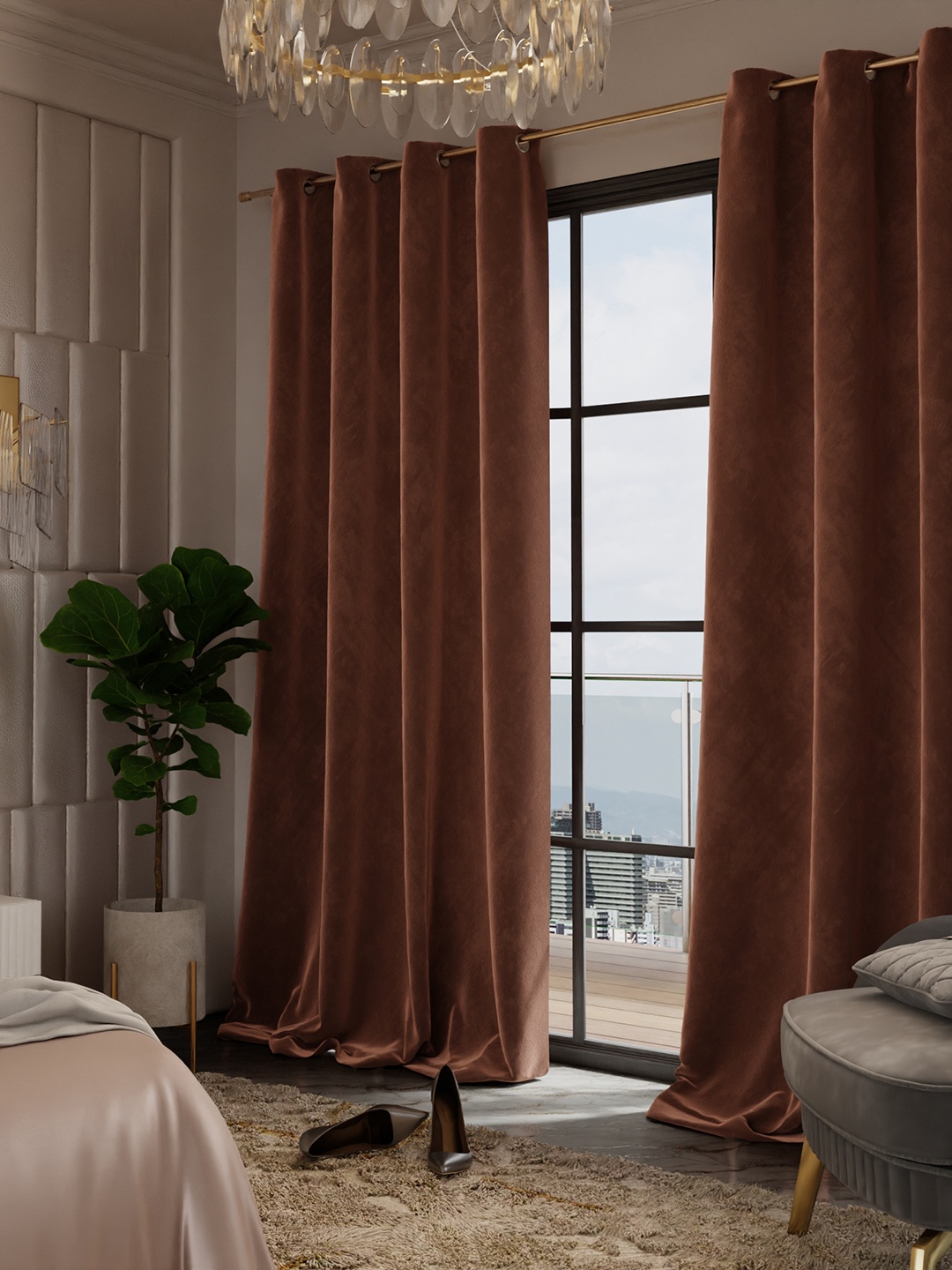 

Stao Paris Date Night Satin Velvet Caramel Caress Long Door Curtain, Camel brown