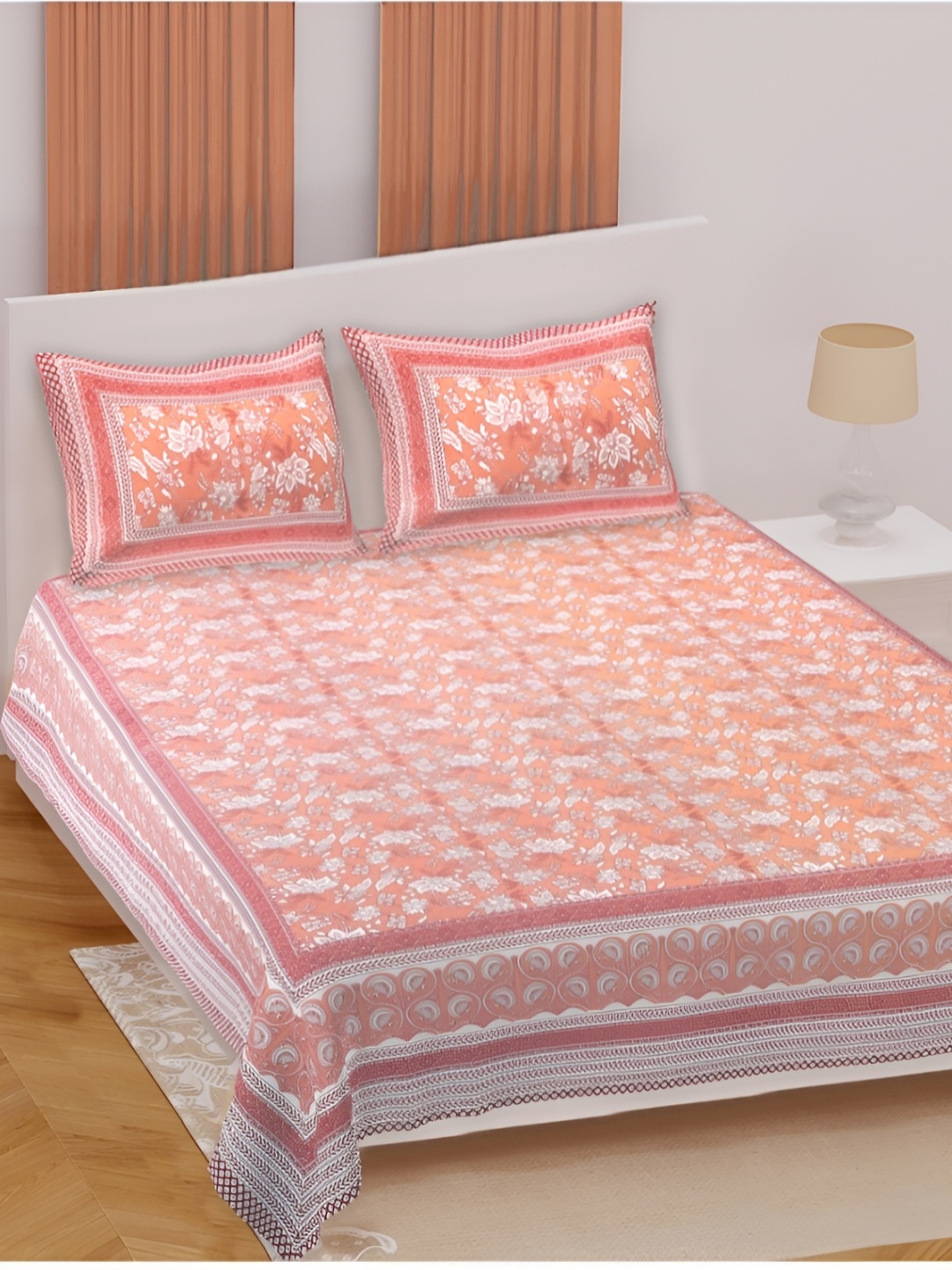 

INDHOME LIFE Peach & White Floral 220 TC Cotton Queen Bedsheet with 2 Pillow Covers