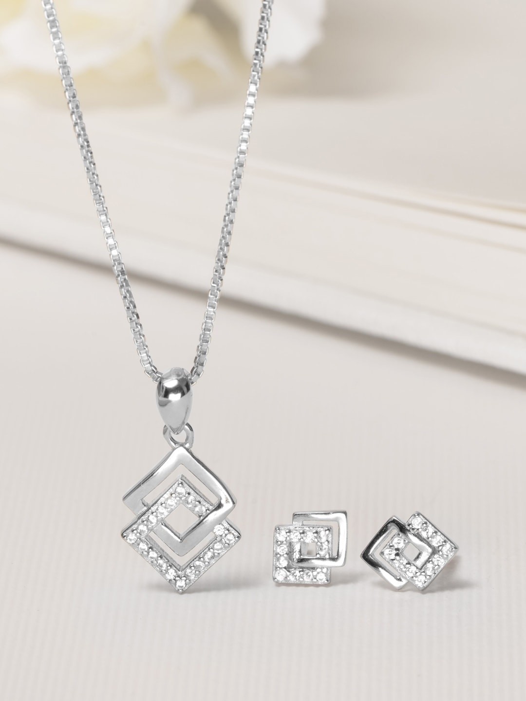 

Zavya 925 Pure Silver Rhodium-Plated CZ-Studded Pendant Set