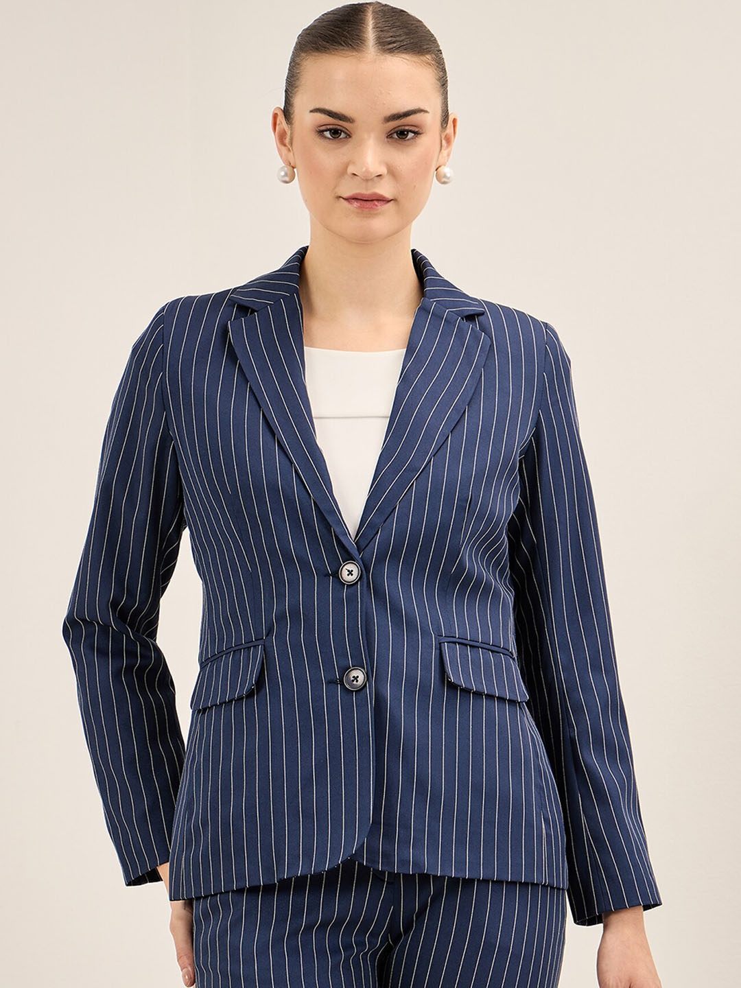 

SALT ATTIRE Tailored Fit Striped Notched Lapel Collar Single Breasted Blazer, Navy blue