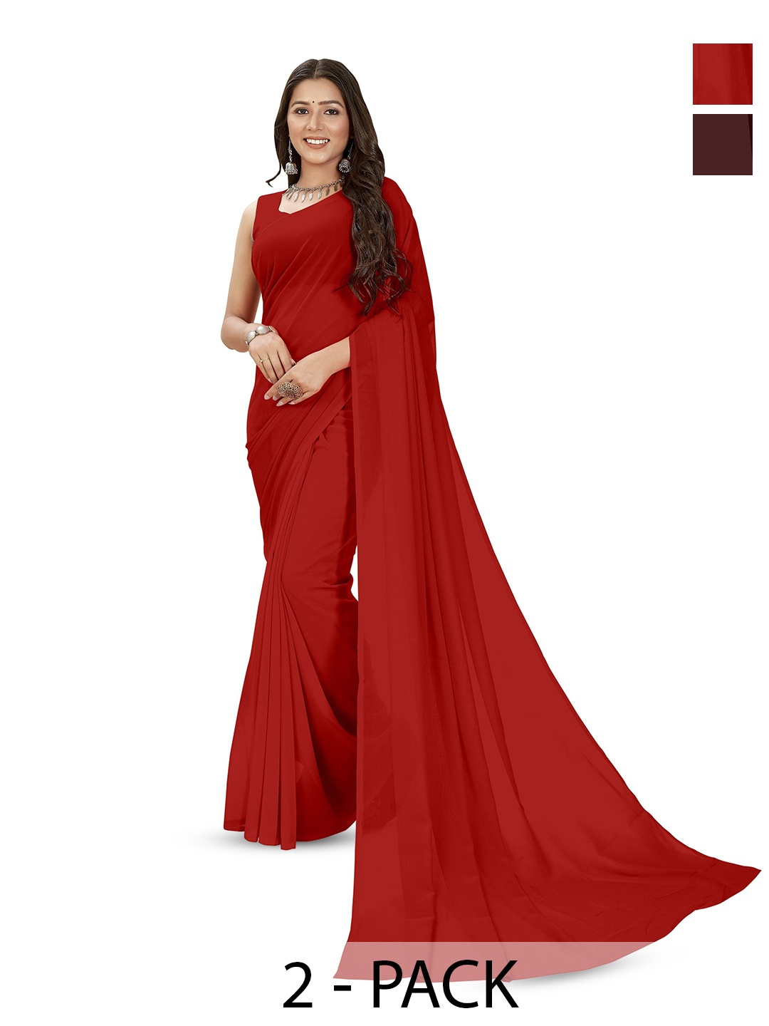 

ANAND SAREES Selection Of 2 Poly Georgette Sarees, Red