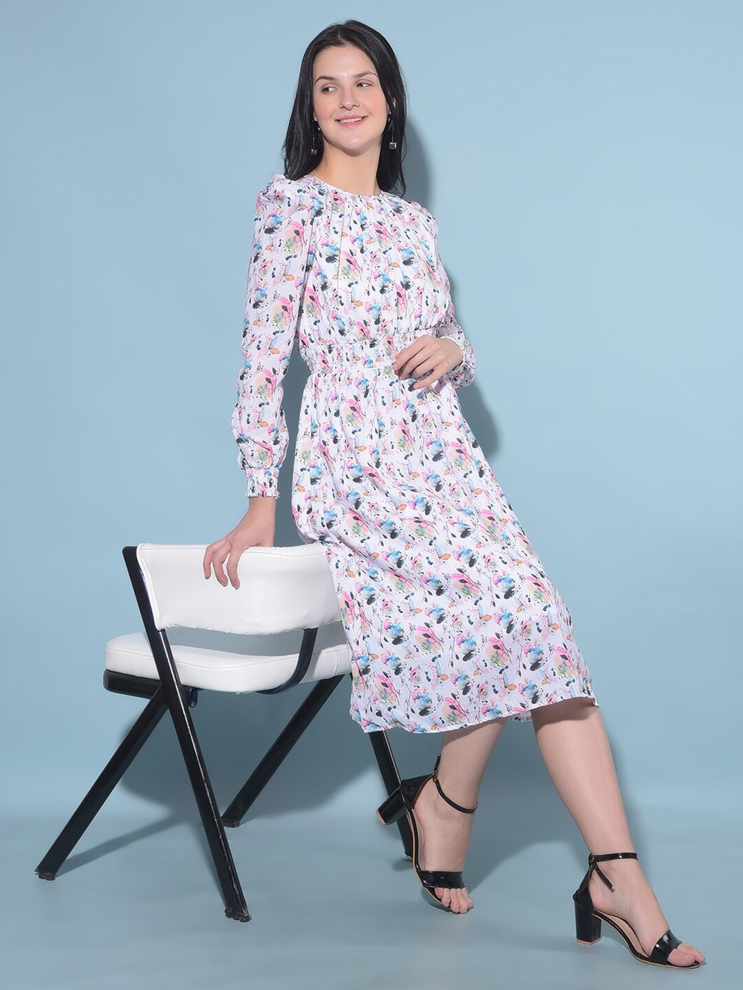 

Crimsoune Club Floral Print Round Neck Long Sleeves Fit & Flare Midi Dress, White