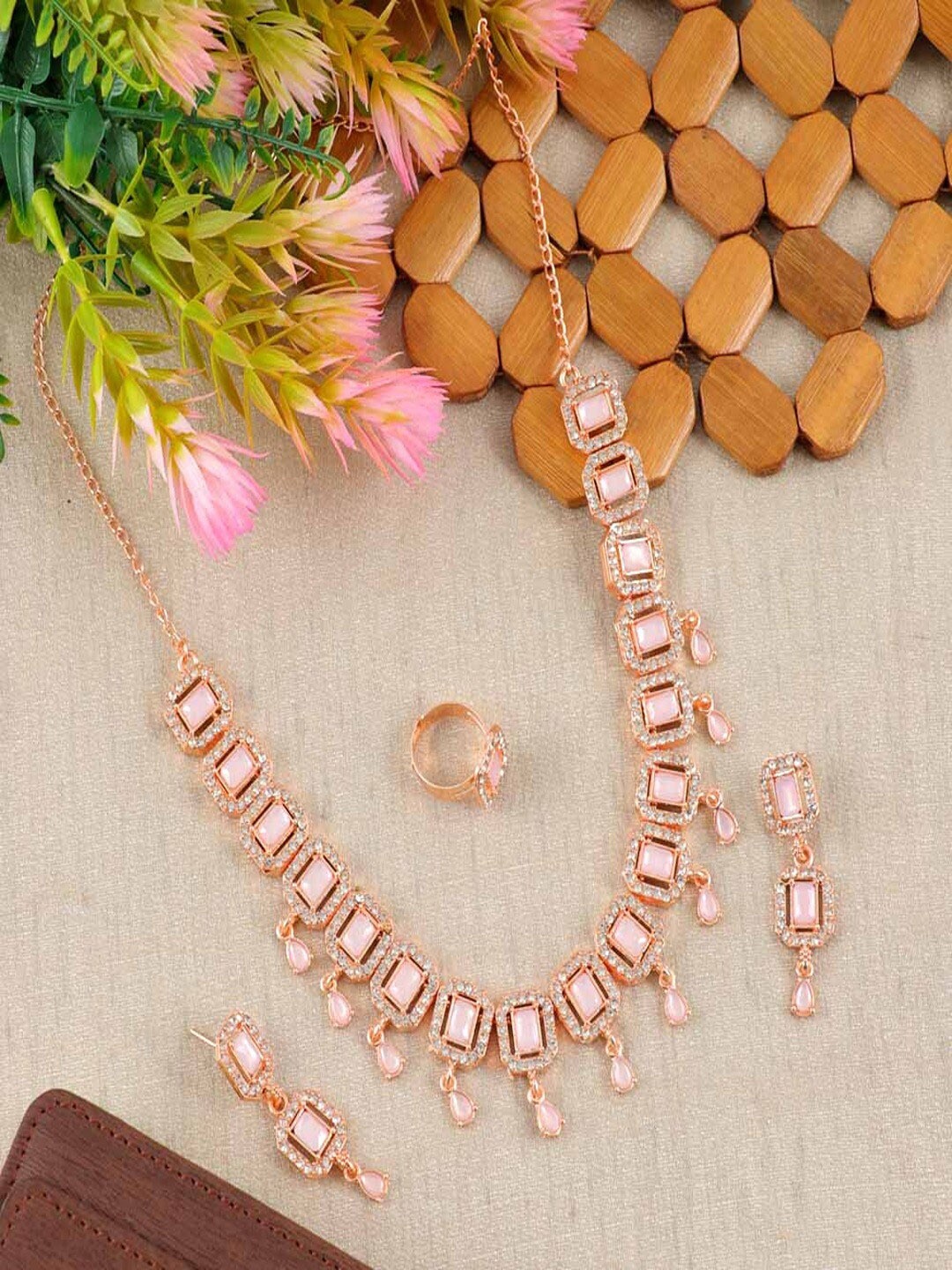 

UNIVERSITY TRENDZ Rose Gold-Plated American Diamond Studded Jewellery Set