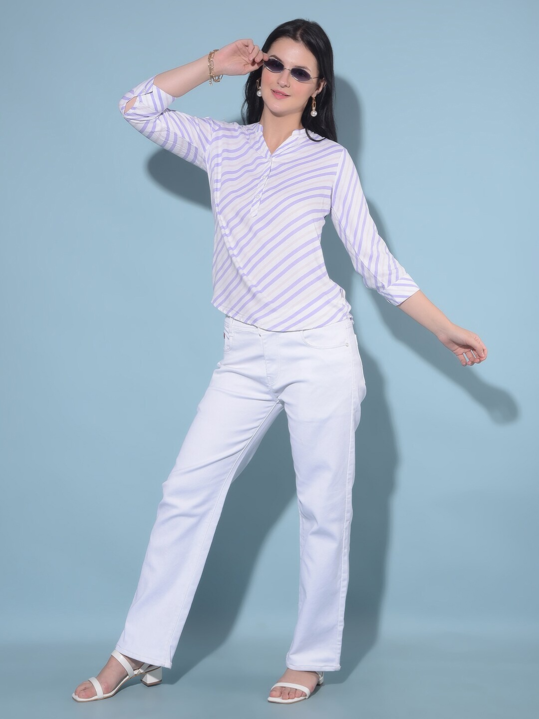 

Crimsoune Club Striped Mandarin Collar Cotton Top, Purple