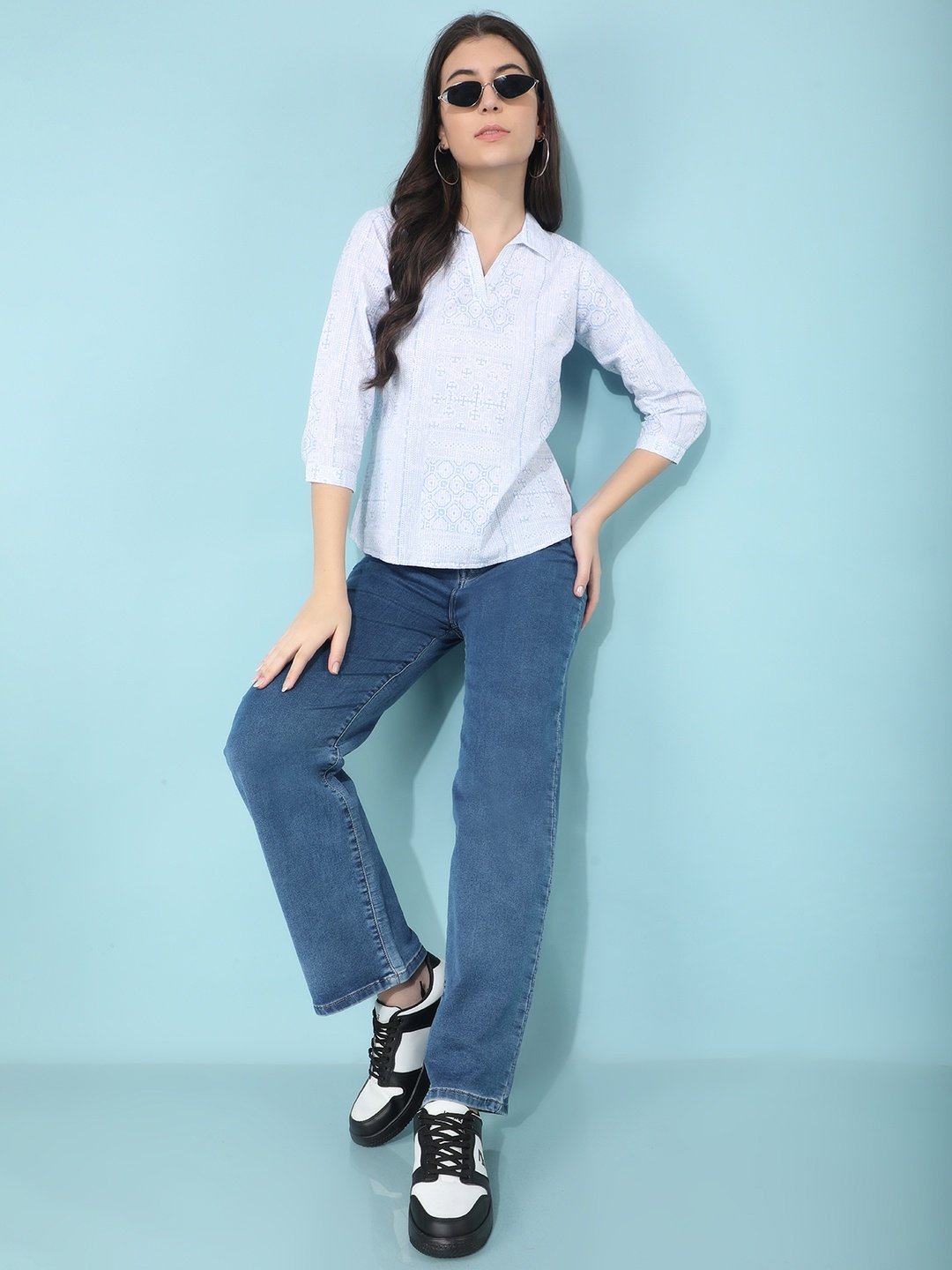 

Crimsoune Club Shirt Collar Cotton Shirt Style Top, Blue