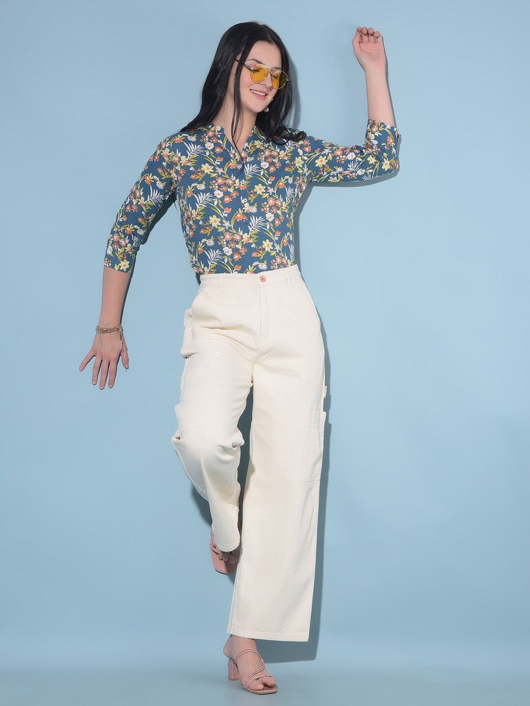 

Crimsoune Club Floral Printed Mandarin Collar Cotton Top, Blue