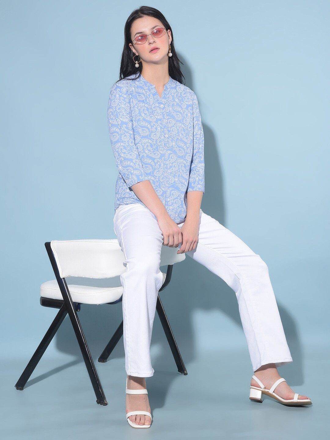 

Crimsoune Club Floral Printed Cotton Shirt Style Top, Blue