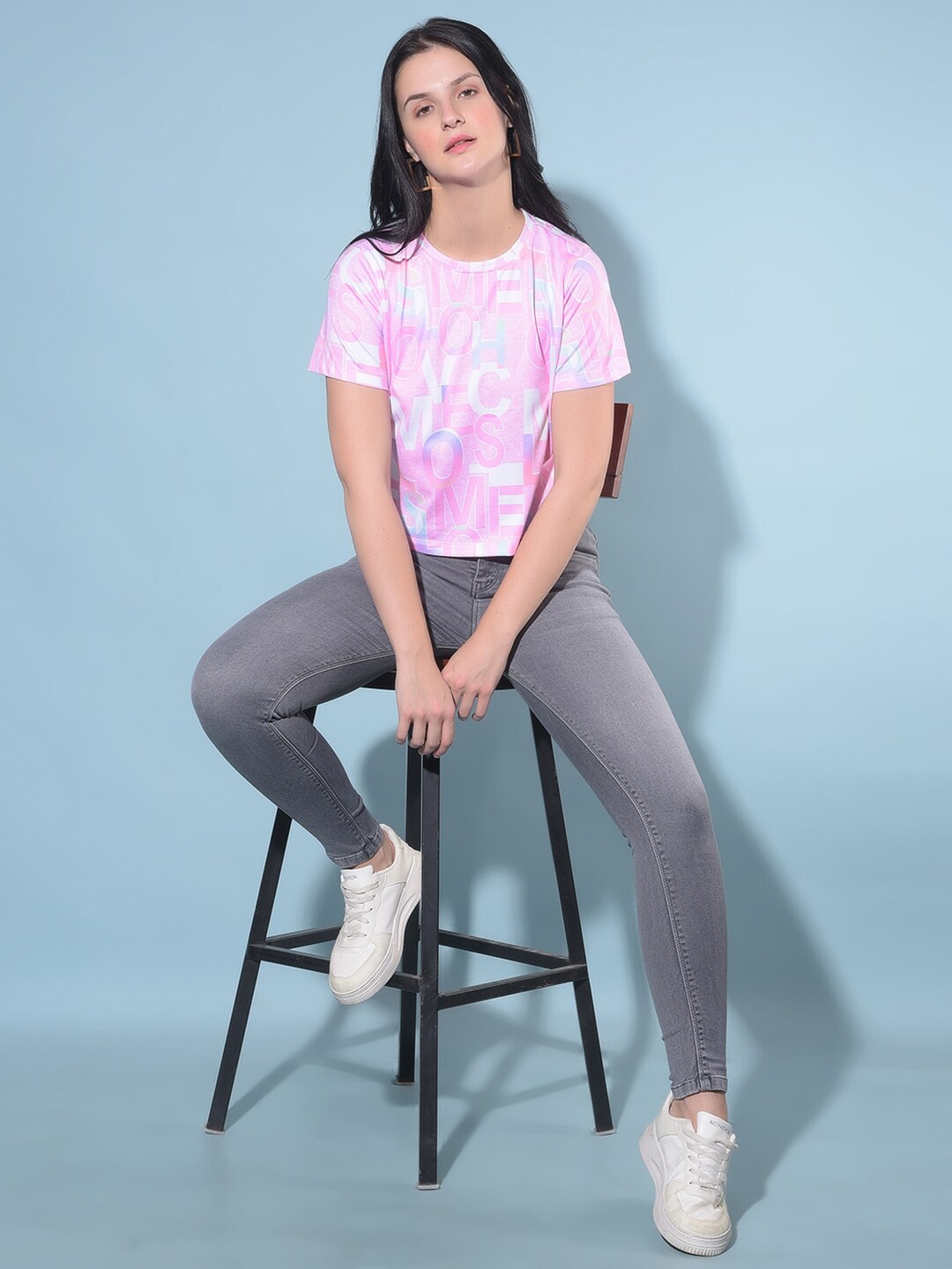 

Crimsoune Club Floral Printed Round Neck Cotton Top, Pink