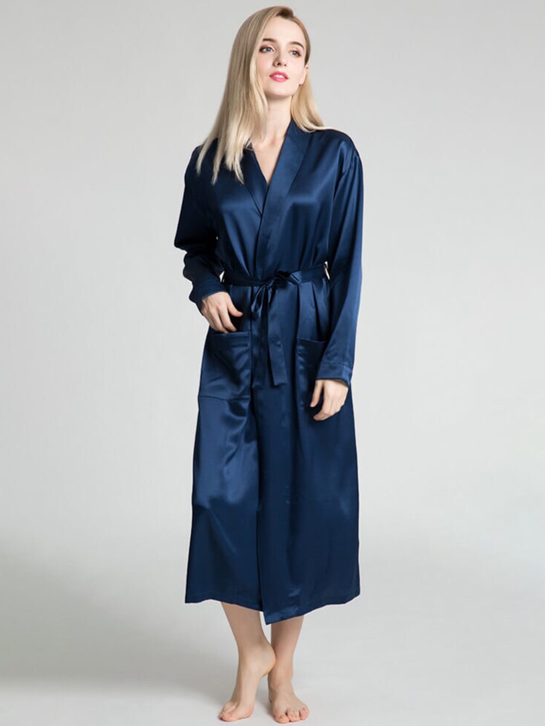 

Bella Babe by SK Shawl Collar Satin Midi Robe, Navy blue